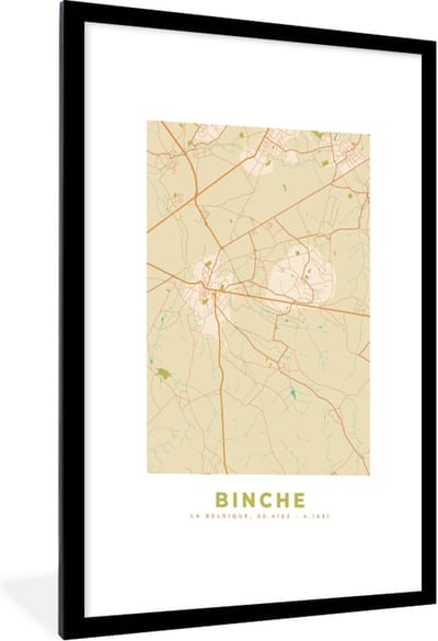 Fotolijst incl. Poster - Plattegrond - Stadskaart - Retro - Binche - Kaart - 60x90 cm - Posterlijst