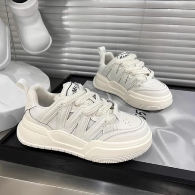 Echt Leder Platform Sneakers Witte Schoenen Dames Ronde Neus Vetersluiting Platte Kleurblokkering Brood Schoenen Sport Casual Schoenen Mode 40