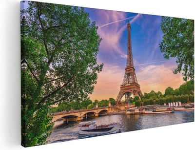 Artaza Canvas Schilderij Eiffeltoren - 40x20 cm - Klein - Wanddecoratie Parijs - Muurdecoratie Zonsondergang - Schilderijen Op Canvas Skyline