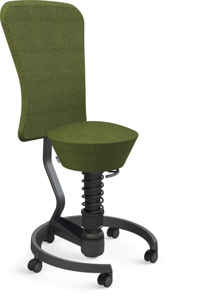 Aeris Swopper with backrest footring with castors (hard floor), black spring strut type: standard, black, spring black seat cover: wool blend Capture (Gabriel), green melange backrest pole: black, backrest cover: wool blend Capture (Gabriel), green
