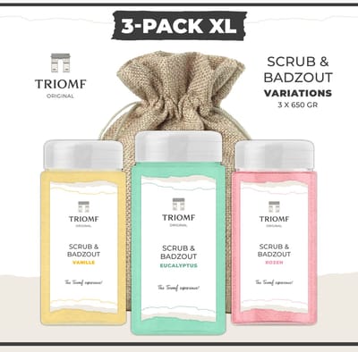 Scrub & Badzout - Variations 3 - 3 stuks - 650 gram - Triomf Cosmetica | Luxe Wellness Scrubzout Body Peeling Hammam Hydraterende Lichaamsscrub Sea Salt Bodyscrub Verzorgings Giftset van 3 Zeezout Huidverzorging Douche Sauna Bad