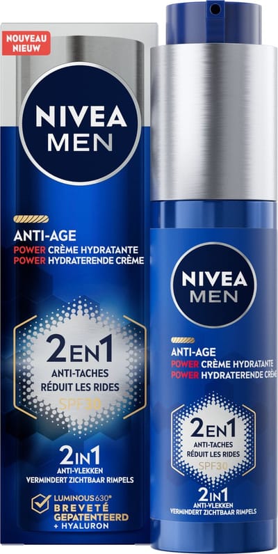 NIVEA MEN Anti-Age 2in1 Power Hydraterende Crème Gezicht - Dagcrème - Moisturizer - Normale en rijpere huid - SPF 30 - Met hyaluronzuur en Luminous630