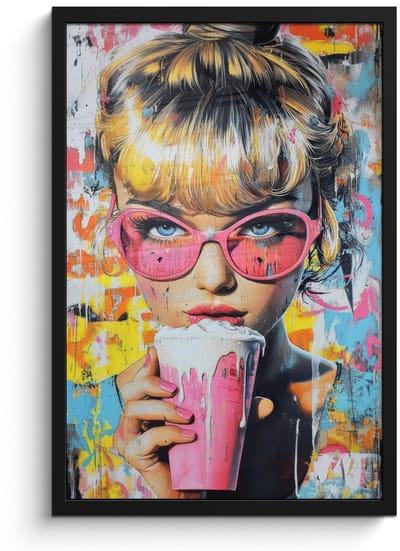 Poster in lijst - Fotolijst 40x60 cm - Posters - Expressief - Milkshake - Vrouw - Felle kleuren - Posterlijst zwart - Decoratie - Wanddecoratie woonkamer - Muurdecoratie slaapkamer