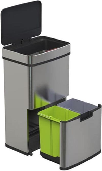 Prullenbak sensor afvalscheidingssysteem, 3 vakken, met bewegingssensor, 62 l, uitschuifbaar, roestvrij staal, 74,5 x 42 x 31,5 cm, zilver