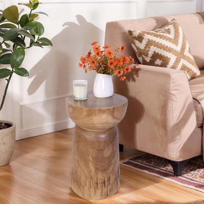 Rustieke Houten Bijzettafel Boomstronk - 48 cm Rond - Natuurlijke Houtlook - Binnen & Buiten