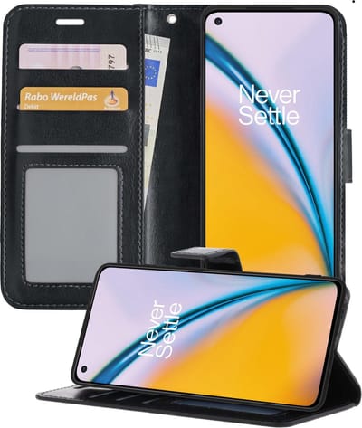 Hoesje - Met Pasjeshouder - Geschikt voor OnePlus Nord 2 - Luxe Bookcase Portemonee - Flip Case - Kunstleer Book Case - Flipcase - Book Cover - Walletcase - Portemonneehoes - Telefoonhoesjes - Zwart
