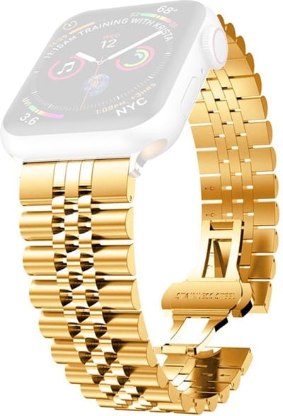 By Qubix - Geschikt voor Apple Watch bandje - Metalen schakelband - Goud - Geschikt voor Apple watch 44mm / 45mm / 46mm / 49mm (Ultra 1,2 en 3)