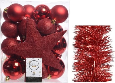 Kerstversiering kunststof kerstballen 5-6-8 cm met ster piek en folieslingers pakket rood van 35x stuks - Kerstboomversiering