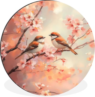 WallCircle - Wandcirkel - Muurcirkel - Vogels - Romantic - Bloesemtak - Aluminium - Dibond - 30x30 cm - Binnen en Buiten