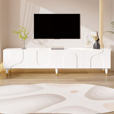 OKWISH Tv-Meubel – Asymmetrisch Boogreliëf – 180×40×50 cm – 4 Deuren – Opbergruimte Voor Woonkamer – MDF En Spaanplaat Wit