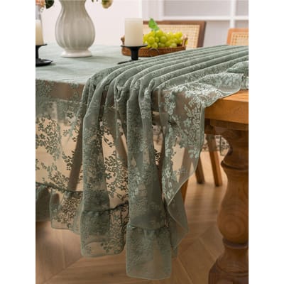 Saliegroen Tafelkleed van Kant met Ruche, Vintage Bloemen Geborduurd Tafelkleed voor Tuin Theekransje, Bruiloft, Buiten Patio Decoratie 140x140cm