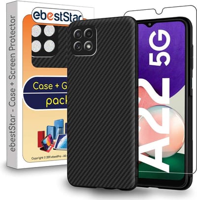 ebestStar - Hoes geschikt voor Samsung Galaxy A22 5G, Hoogwaardig Zacht TPU Bescherming, Koolstof Design Hoesje, Zwart + Gehard Glas