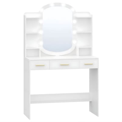 Kaptafel – Voor Slaapkamer & Dressing – Met Ovaal Spiegel, Lades en Open Vakken – Wit