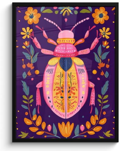 Poster in lijst - Fotolijst 50x70 cm - Posters - Kever - Felgekleurd - Bloemen - Bladeren - Posterlijst zwart - Decoratie - Wanddecoratie woonkamer - Muurdecoratie slaapkamer
