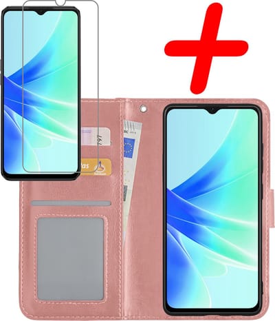 Hoesje Met Screenprotector - Geschikt voor OPPO A57 - Luxe Pasjeshouder - Bookcase Portemonee - Flip Case - Kunstleer Book Case - Flipcase - Book Cover - Walletcase - Portemonneehoes - Rosé goud