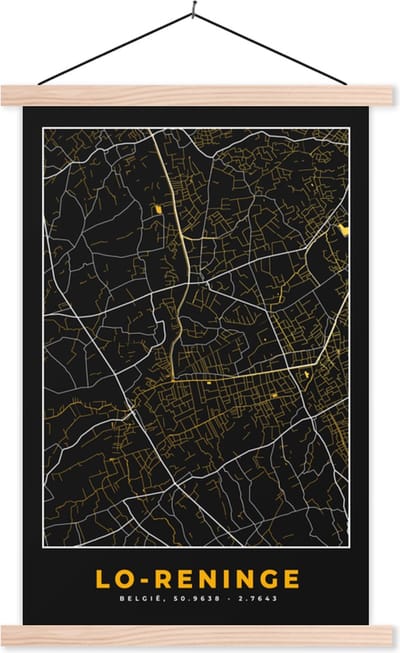 Posterhanger incl. Poster 40x60 cm - Schoolplaat - Kaart - Lo-Reninge - Zwart - Stadskaart - Plattegrond - Textielposter - Blanke latten - Stadskaart