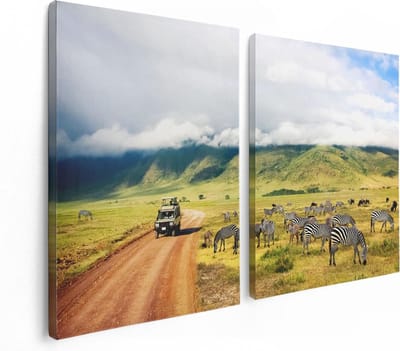 Artaza Canvas Schilderij Tweeluik Safari Auto tussen de Zebra's - 120x80 - Foto Op Canvas - Canvas Print