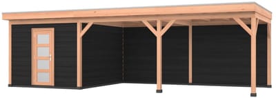 Douglas overkapping, 900 x 350, met zwarte schuur en achterwand, Westwood Comfort Plus