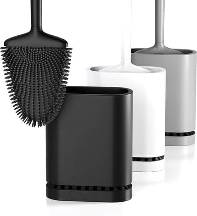 Famanu – Siliconen toiletborstel met platte buigzame kop en sneldrogende houder, mat zwart