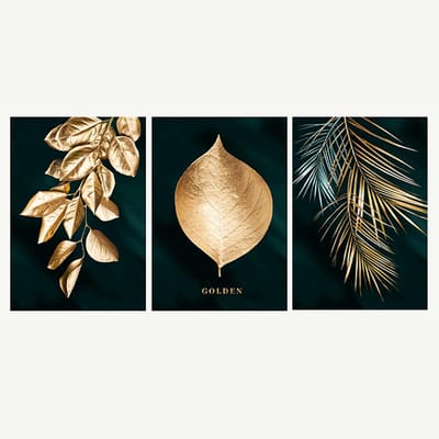 Allernieuwste.nl® Canvas Schilderij SET 3 Stuks Gouden Blad op Zwarte Achtergrond - Modern - 3-delige set - 3x 50 x 70 cm