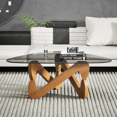 Driehoekige Glazen Salontafel - Koffietafel Bijzettafel - Woonkamer Inrichten - Gehard Glas Houten Poot