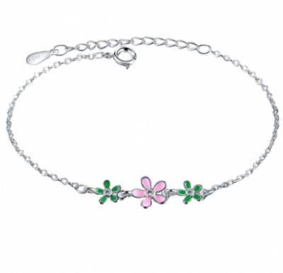 Zilveren armband -groen- roze bloemetje - Charme Bijoux