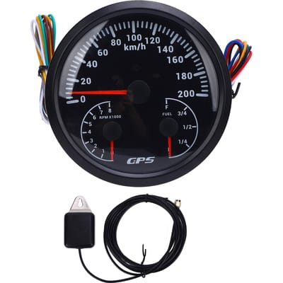 110mm GPS Snelheidsmeter 0 tot 200 KM/U Multifunctionele 0 tot 8000 RPM Toerenteller E 1 4 1 2 3 4 F Brandstofniveaumeter met Richtingaanwijzer Black Dial Black Bezel CXA097B