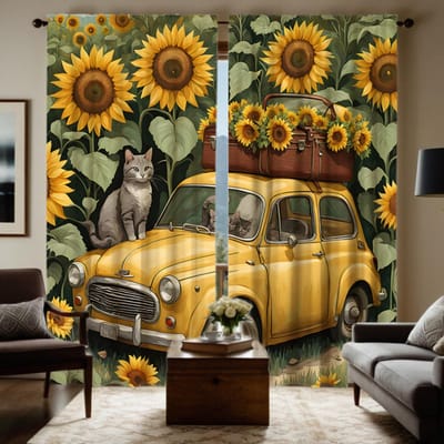 2 pièces de tournesols HD dans la voiture jaune rétro chat rideau décoratif Rideau imprimé numériquement jaune décoration de maison style de W52H63inchW132H160cm black