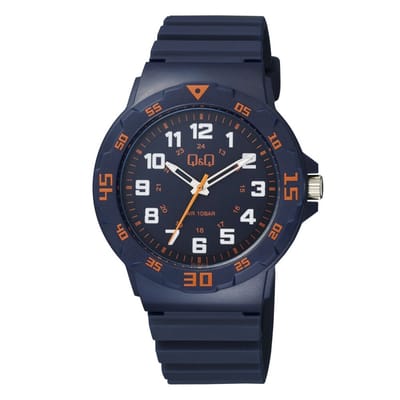 Q&Q VR18J012Y - Horloge - Sport - Analoog - Heren - Mannen - Plastic band - Rond - Cijfers - Kunststof - Donkerblauw - Oranje