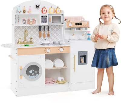 COSTWAY Kinderkeuken met 27 accessoires, houten speelkeuken met klok, magnetron, gootsteen, ijs- en koffiezetapparaat, serviesstandaard en wasmachine, speelgoedkeuken voor kinderen vanaf 2 jaar