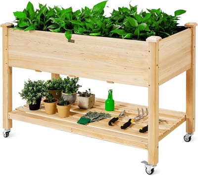 KOMFOTTEU Verhoogd bloembed met wieltjes, tuinbed met plank en afvoergaten, plantenbed van dennenhout voor tuin en terras, natuur (met wieltjes, 120x59x84 cm)