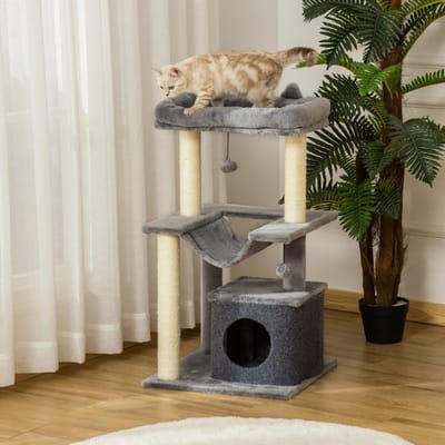 REDOM - Kattenkrabpaal - meerdere niveaus - met huisje - 48L x 48B x 90H cm grijs