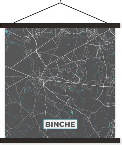 Posterhanger incl. Poster 60x60 cm - Schoolplaat - Plattegrond – Binche – Blauw – Stadskaart - Kaart - Textielposter - Zwarte latten - Stadskaart