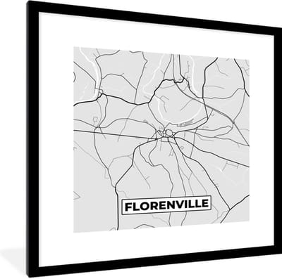 Fotolijst incl. Poster Zwart Wit- Plattegrond – Florenville – Zwart Wit – Stadskaart - Kaart - 40x40 cm - Posterlijst