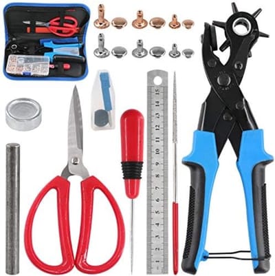 Verstelbare Perforatietang voor Leerwerk met 100 Klinknagels Set, Gratis Lederen Schaar, Liniaal, Priem Gereedschap voor Riemen, Horlogebanden, Zadel, Schoenen - Professionele Leerbewerking Toolkit