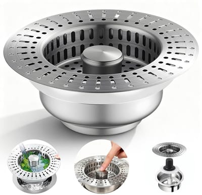 Dailygoods - Afvoerzeef voor keukenspoelbak van roestvrij staal, 3-in-1 spoelbak, zeef, pop-up afvoerstop met afvoerzeef, keukenspoelbak voor standaard afvoeropeningen, verstoppingsvrije afvoerfilterarmaturen