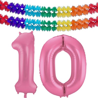 Folat Verjaardag Leeftijd folieballon - 10 jaar - roze - 86 cm - cijferballon groot - incl 2x feestslingers