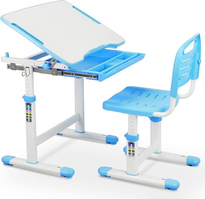 Kinderbureaustoel, in hoogte verstelbaar, kindertafelstoelset met kantelbaar tafelblad, bureau voor kinderen, meisjes en jongens, jeugdbureau met lade (blauw) HMTM-501