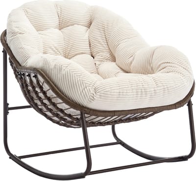Rotan Schommelstoel - Ei Stoel - Tuin Relaxstoel - Oversized - Handgeweven - Staal - Weerbestendig - Kussen - Tuin - 78x106x90cm - 1 Stuk - Wit