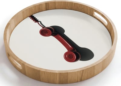 Dienblad rond 40x40 cm - Schootdienblad hout - Telefoon - Koord - Rood - Minimalistisch - Borrelplank rechthoek - Plateau houten dienbladen