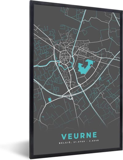 Fotolijst incl. Poster - België – Veurne – Stadskaart – Kaart – Blauw – Plattegrond - 40x60 cm - Posterlijst