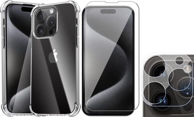 Hoesje geschikt voor iPhone 15 Pro - Screenprotector GlassGuard & Camera Lens Screen Protector - Back Cover Case ShockGuard Transparant