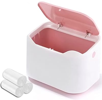 Mini prullenbak - Kleine bak - Bureau opruimen - Met deksel - 2.7 liter - Roze en wit