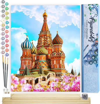 Figured'Art Schilderen op Nummer Volwassenen canvas St Basil Kathedraal - Handwerk acrylverf Kit DIY Compleet - 40x50cm met DIY houten lijst