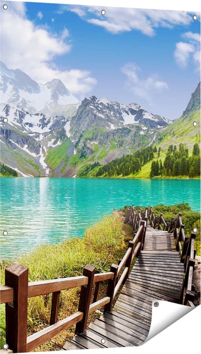 Gards Tuinposter Pad naar een Helder Blauw Meer in de Bergen - 80x120 cm - Tuindoek - Tuindecoratie - Wanddecoratie buiten - Tuinschilderij