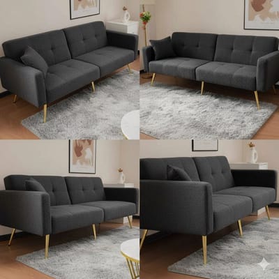 Slaapbank met Bedfunctie 175x64x72 cm – Verstelbare Rugleuning 105°-180° – 2-Zits Bankbed met Opbergvakken & Gouden Poten – Sherpa Stof Donkergrijs – Pauwhome