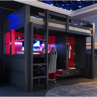 Zwart-rood gaming-stijl hoogslaper 90 x 200 cm met ladder, kledingkast, laden, bureau en opbergruimte