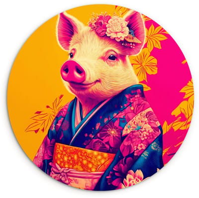 WallCircle® Wandcirkel 120x120 cm - Muurcirkel Varken - Bloemkroon - Kimono - Abstract - Muurdecoratie woonkamer - Wanddecoratie slaapkamer - Kamer decoratie accessoires - Ronde schilderijen XXL