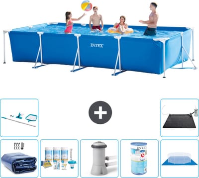 Intex Rechthoekig Frame Zwembad - 450 x 220 x 84 cm - Blauw - Inclusief Solarzeil - Onderhoudspakket - Zwembadfilterpomp - Filter - Grondzeil - Schoonmaakset - Solar Mat - 8-delig