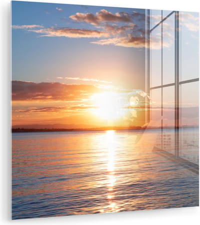 MuchoWow® Glasschilderij 90x90 cm - Schilderij acrylglas - Zee - Zon - Kleuren - Foto op glas - Muurdecoratie woonkamer - Wanddecoratie slaapkamer - Schilderijen